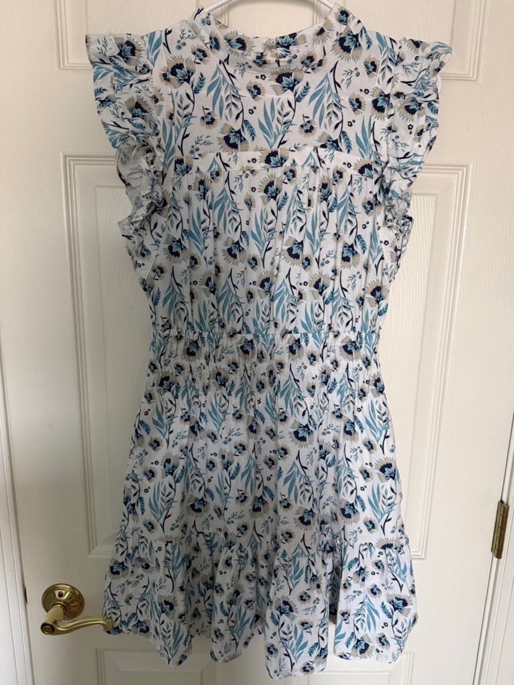 Floral Ruffle Sleeve Sundress in White & Teal Size XS
